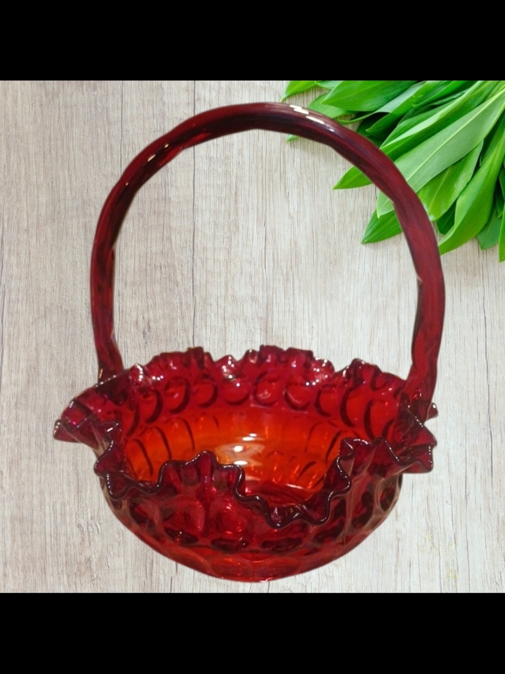 Fenton Cranberry Ruffled Thumb Print Glass Basket